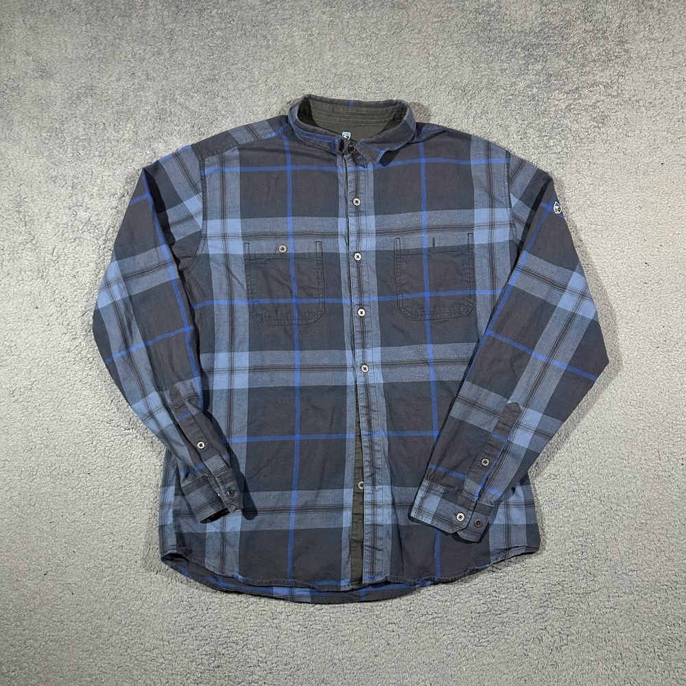 Kuhl Men's Large Long Sleeve Button-Up Cotton Flannel Plaid Shirt Blue #2977